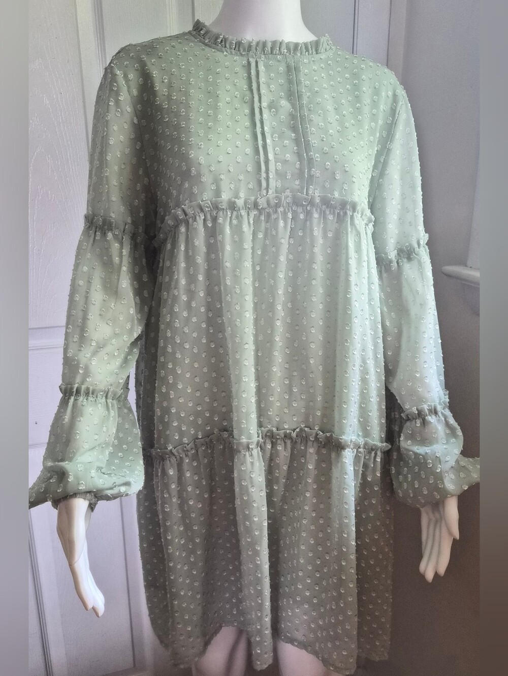 Solutions Sage Mint Swiss Dot Ruffle Layered Tiered Mini Dress Smock